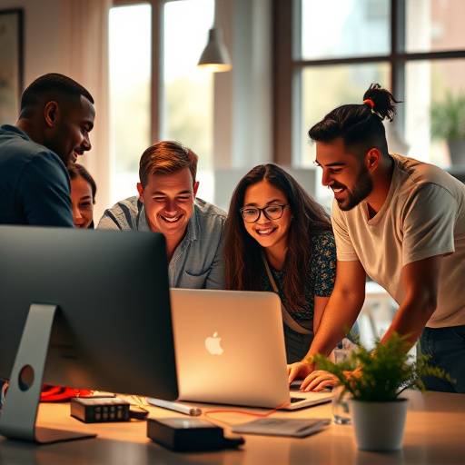 A diverse group of individuals collaborating around a computer, symbolizing inclusive access to online resources and opportunities offered by SkillUp Interviews.