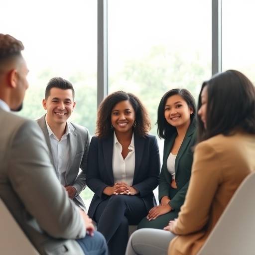 A diverse group of professionals confidently participating in a mock interview scenario, showcasing SkillUp Interviews' focus on inclusive career development.