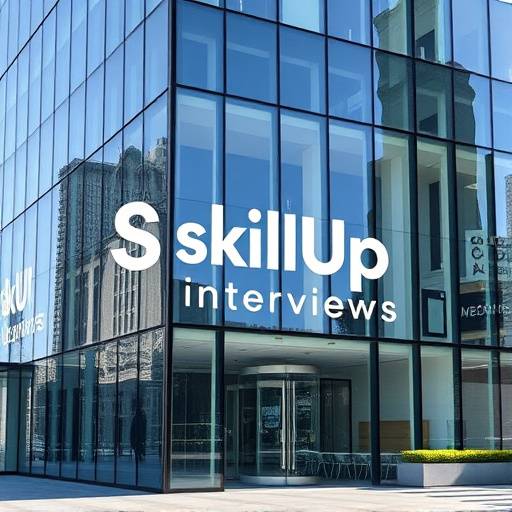 Exterior view of the SkillUp Interviews office building in Melbourne, Australia, showcasing the modern glass facade and company logo.