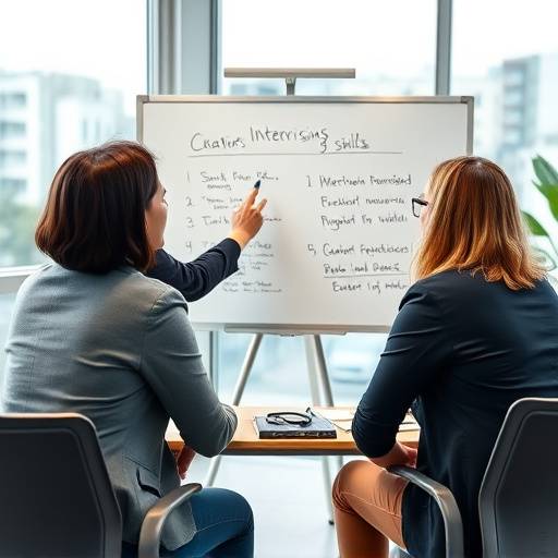 Instructors leading an interview skills session, demonstrating key techniques on a whiteboard, showcasing interactive learning at SkillUp Interviews.